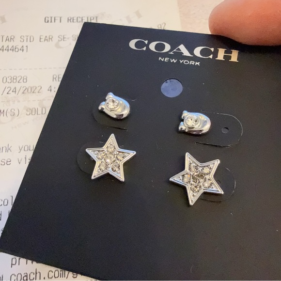 (NWT) Coach Signature And Pave Star Stud Earrings Set of 2 Silver C7778 - Picture 2 of 5